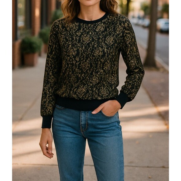 Destinee Womens S 70s Lambswool Sweater Black Gold Metallic Floral Lace Vintage - Picture 1 of 16